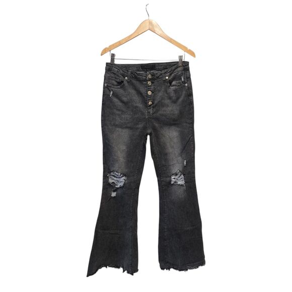 RISEN Jeans Flare Button-Fly Black Distressed Waist 32 Size 15 - Picture 2 of 5